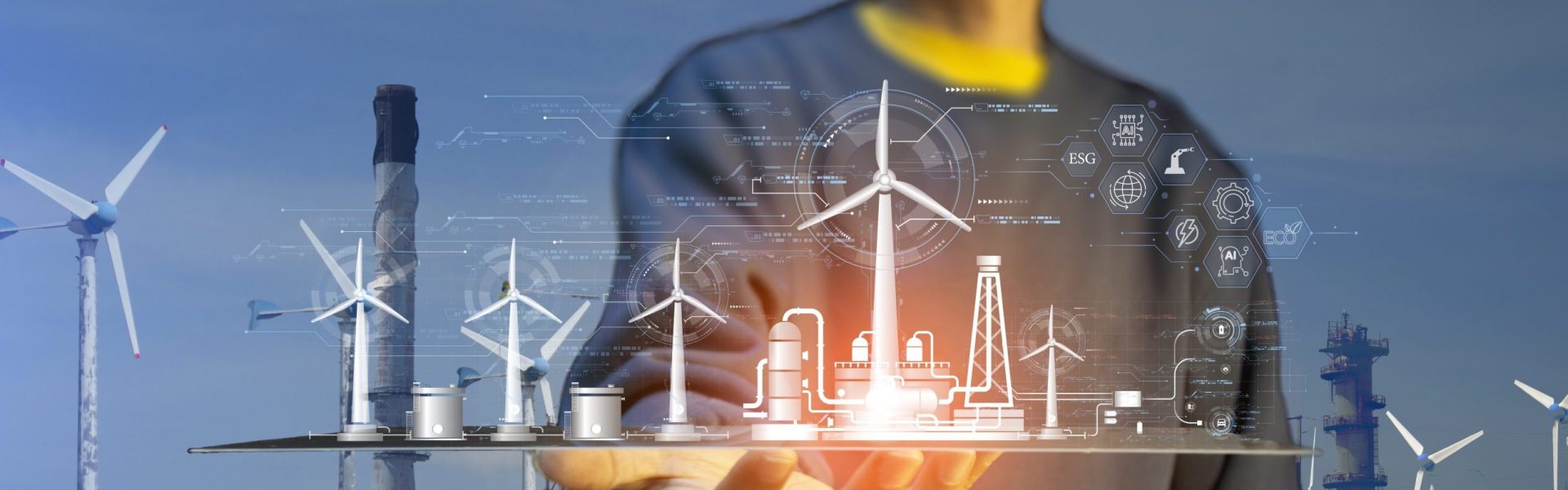 The concept of developing clean energy such as wind energy for energy sustainability. industrial energy 5.0, ECO, ESG, AI
